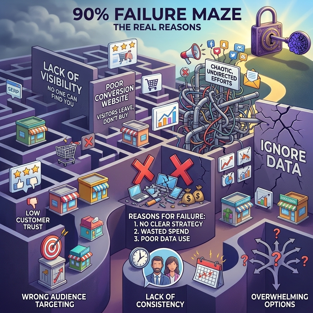 An isometric 3D illustration depicting the "90% Failure Maze" in small business online marketing. The dark purple maze walls highlight major marketing pitfalls with labels like "Lack of Visibility," "Poor Conversion Website," "Chaotic, Undirected Efforts," "Wrong Audience Targeting," "Lack of Consistency," "Overwhelming Options," and "Ignore Data". Scattered inside the maze are broken digital icons, confused business owners, dead-end paths, and a locked door guarded by the brain-and-gear logo key high above.