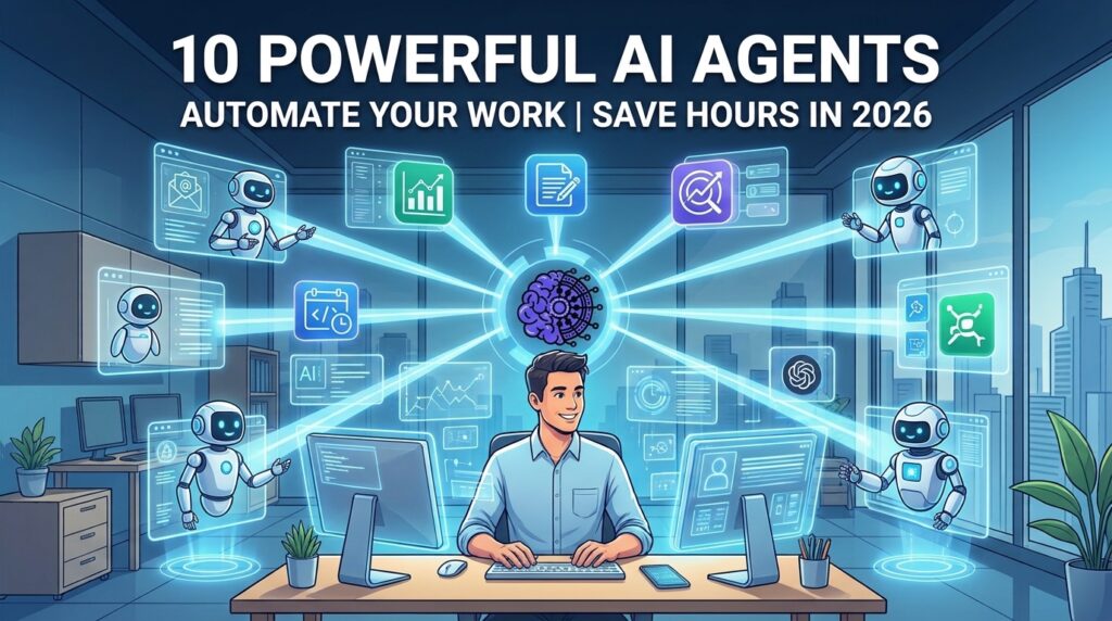 Illustration of AI agents automating daily work tasks and workflows for digital productivity in 2026.