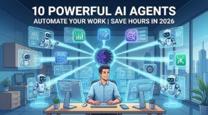 Illustration of AI agents automating daily work tasks and workflows for digital productivity in 2026.