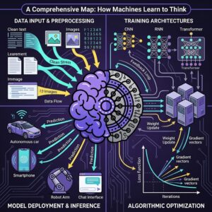 A detailed infographic and process map titled 'How Machines Learn to Think,' featuring a merged half-organic purple brain and half-mechanical circuit logo at its center. The central icon connects four quadrants: data ingestion (left), model training (top-right), error optimization (bottom-right), and final real-world deployment (bottom-left).