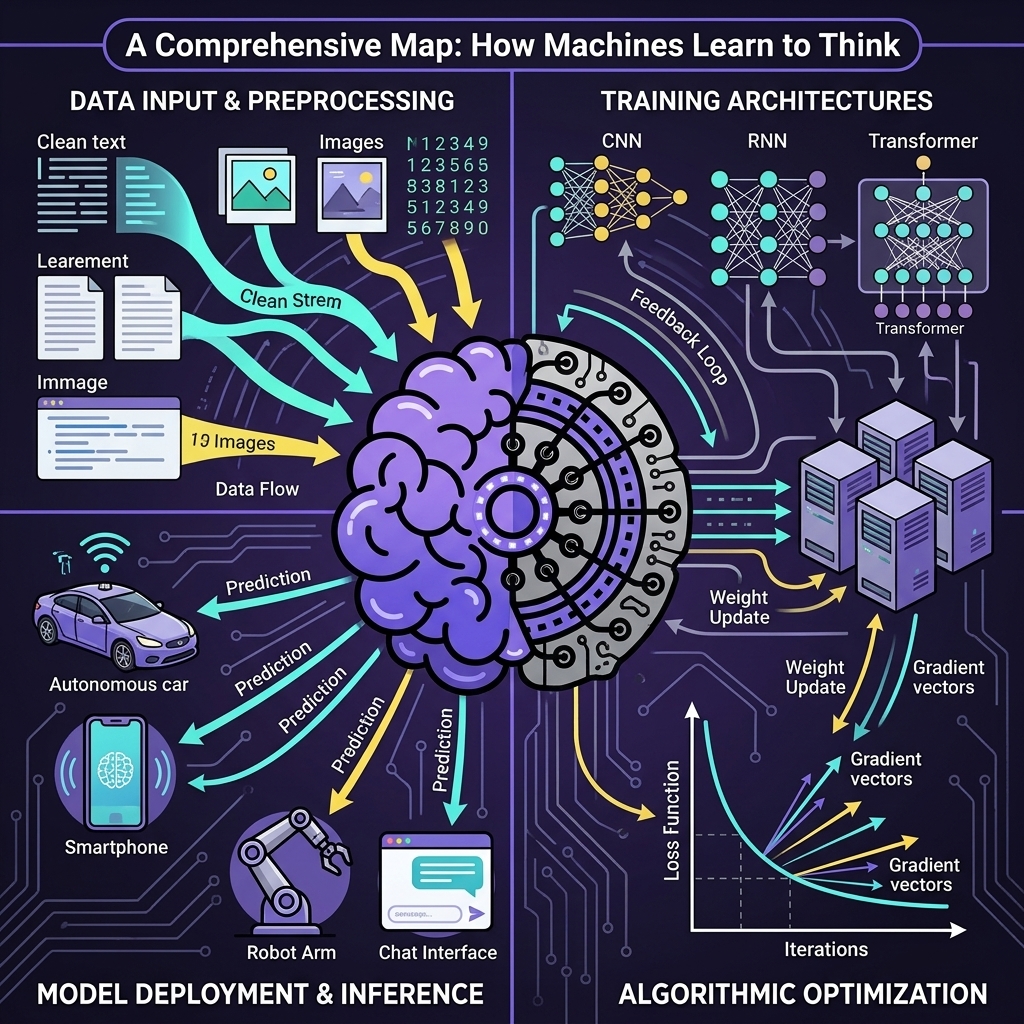 A detailed infographic and process map titled 'How Machines Learn to Think,' featuring a merged half-organic purple brain and half-mechanical circuit logo at its center. The central icon connects four quadrants: data ingestion (left), model training (top-right), error optimization (bottom-right), and final real-world deployment (bottom-left).