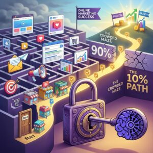 A 3D illustration of a complex maze. On the left, small storefronts enter a dark maze filled with digital marketing icons like megaphones, emails, and social media screens, with a wall labeled "90%". On the right, a bright, golden path labeled "The 10% Path" leads up a hill towards growth charts and coins. In the prominent foreground, a purple key shaped like a half-brain, half-gear is unlocking a large purple padlock, opening the way to the successful path.
