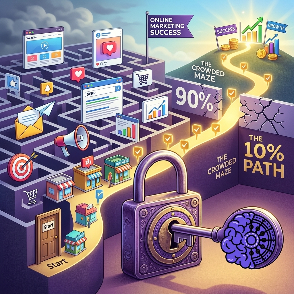 A 3D illustration of a complex maze. On the left, small storefronts enter a dark maze filled with digital marketing icons like megaphones, emails, and social media screens, with a wall labeled "90%". On the right, a bright, golden path labeled "The 10% Path" leads up a hill towards growth charts and coins. In the prominent foreground, a purple key shaped like a half-brain, half-gear is unlocking a large purple padlock, opening the way to the successful path.