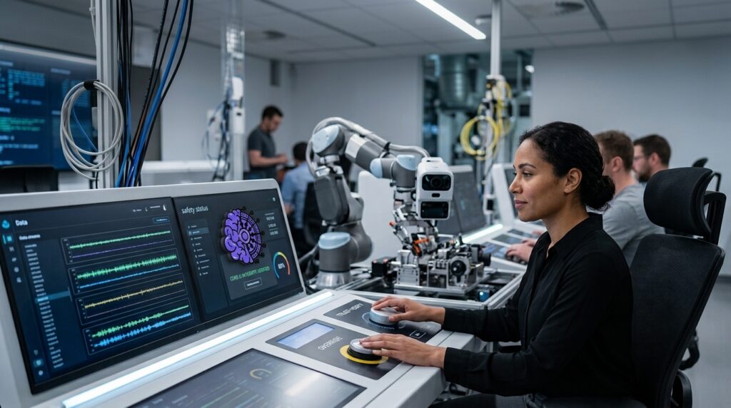 A female engineer seated at a modern control console monitoring autonomous AI safety metrics and guardrails, featuring a purple brain-and-circuit company logo on the interface screen.