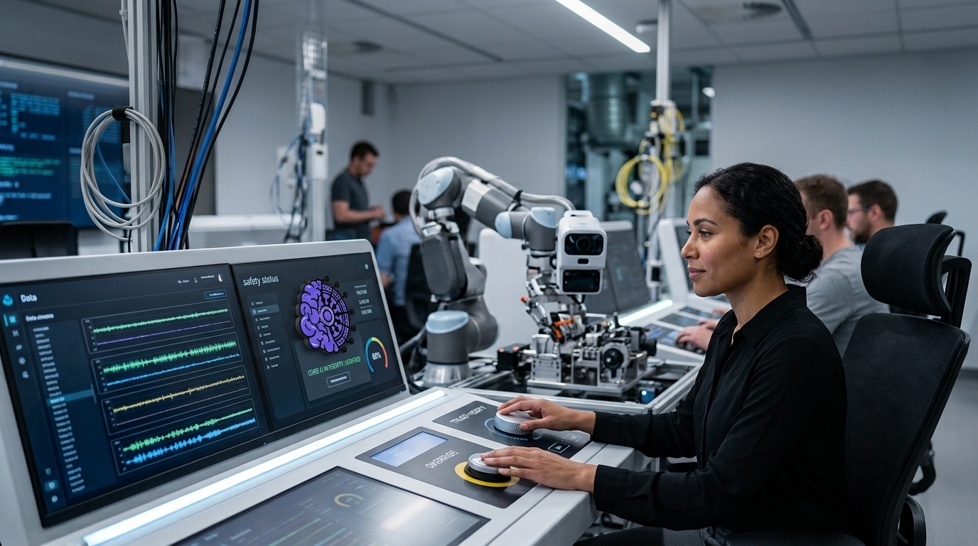 A female engineer seated at a modern control console monitoring autonomous AI safety metrics and guardrails, featuring a purple brain-and-circuit company logo on the interface screen.
