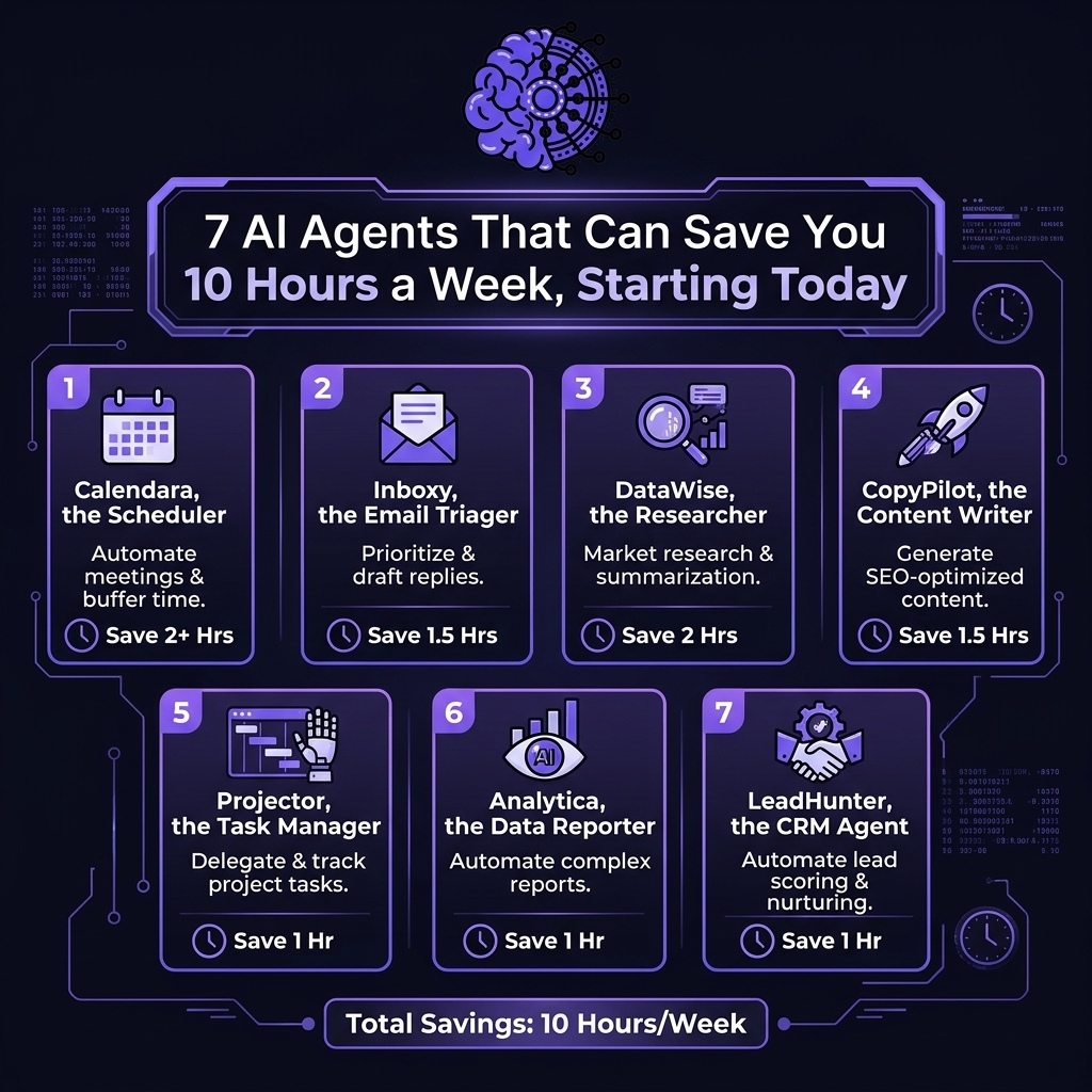 Infographic showing 7 AI agent tools to save 10 hours a week, featuring a Devstrikers Logo